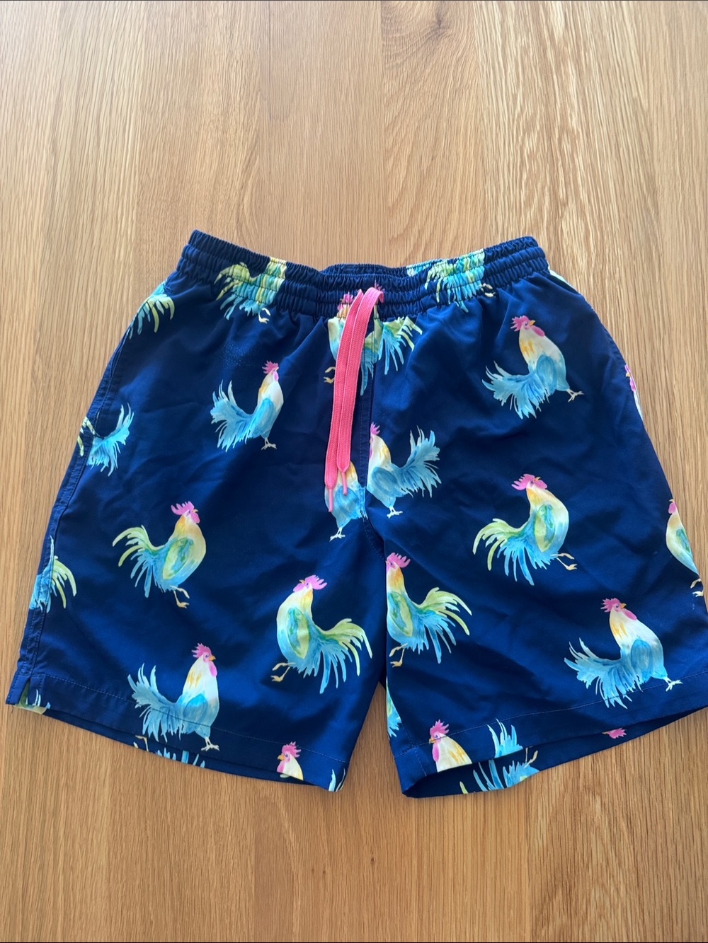 chubbies Navy Blue Swim Trunks with Multicolor Rooster Print